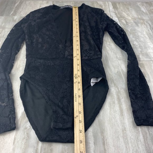 Boohoo Night V Neck Lace Bodysuit Leotard One Piece Long Sleeve Top Black Size 2 - Picture 6 of 6